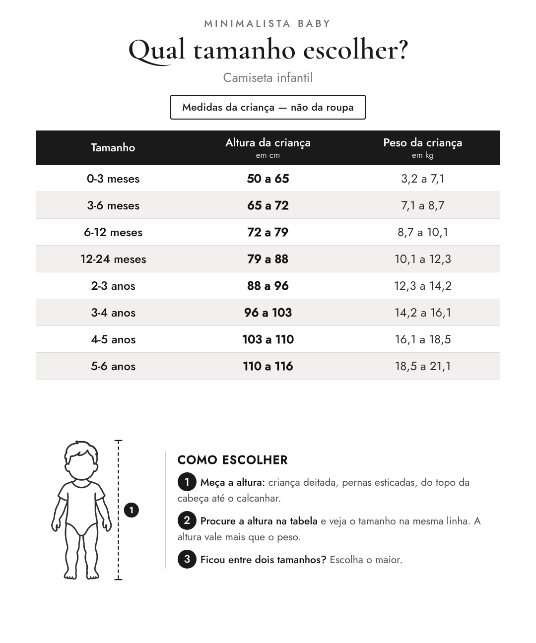 Tabela de tamanhos — medidas da criança | Camiseta infantil