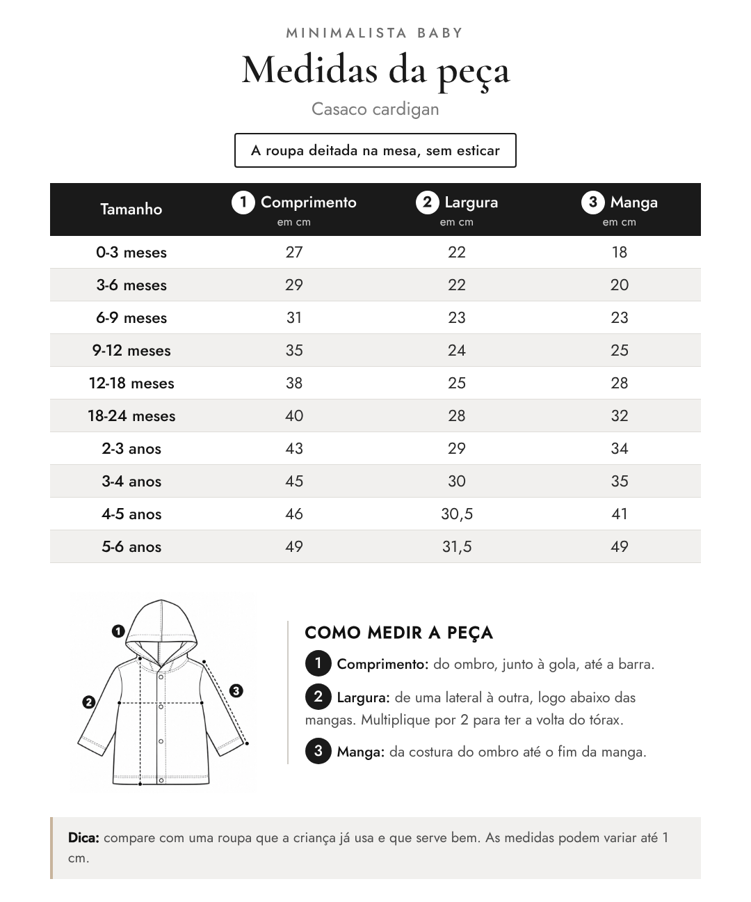 Tabela de medidas da peça | Casaco cardigan
