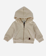 MiniMalista Casaco Moletom Capuz e Zíper Peluciado em Bege Claro. 100% algodão peluciado, com fundo neutro. Casaco infantil para bebê e criança, hoodie unissex menino e menina, do bebê de 0-3 meses aos 5-6 anos.