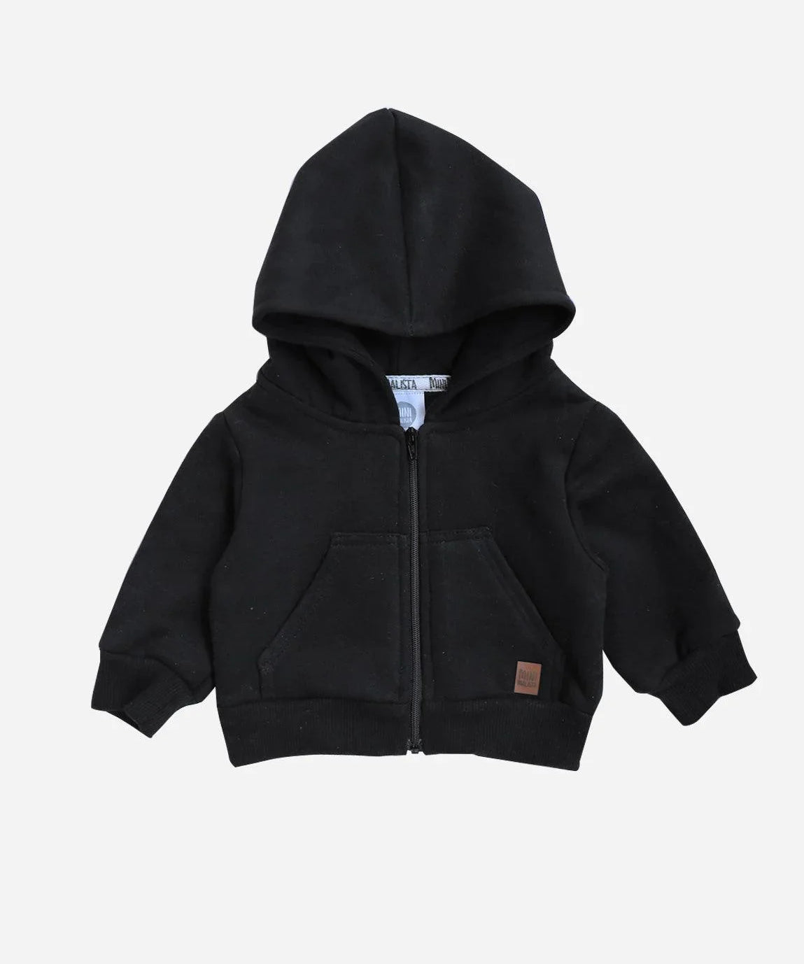 MiniMalista Casaco Moletom Capuz e Zíper Peluciado em Preto. 100% algodão peluciado, com fundo neutro. Casaco infantil para bebê e criança, hoodie unissex menino e menina, do bebê de 0-3 meses aos 5-6 anos.