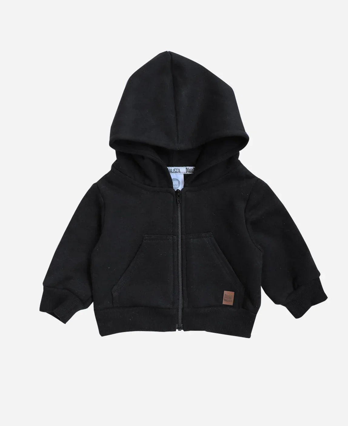 MiniMalista Casaco Moletom Capuz e Zíper Peluciado em Preto. 100% algodão peluciado, com fundo neutro. Casaco infantil para bebê e criança, hoodie unissex menino e menina, do bebê de 0-3 meses aos 5-6 anos.