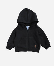MiniMalista Casaco Moletom Capuz e Zíper Peluciado em Preto. 100% algodão peluciado, com fundo neutro. Casaco infantil para bebê e criança, hoodie unissex menino e menina, do bebê de 0-3 meses aos 5-6 anos.
