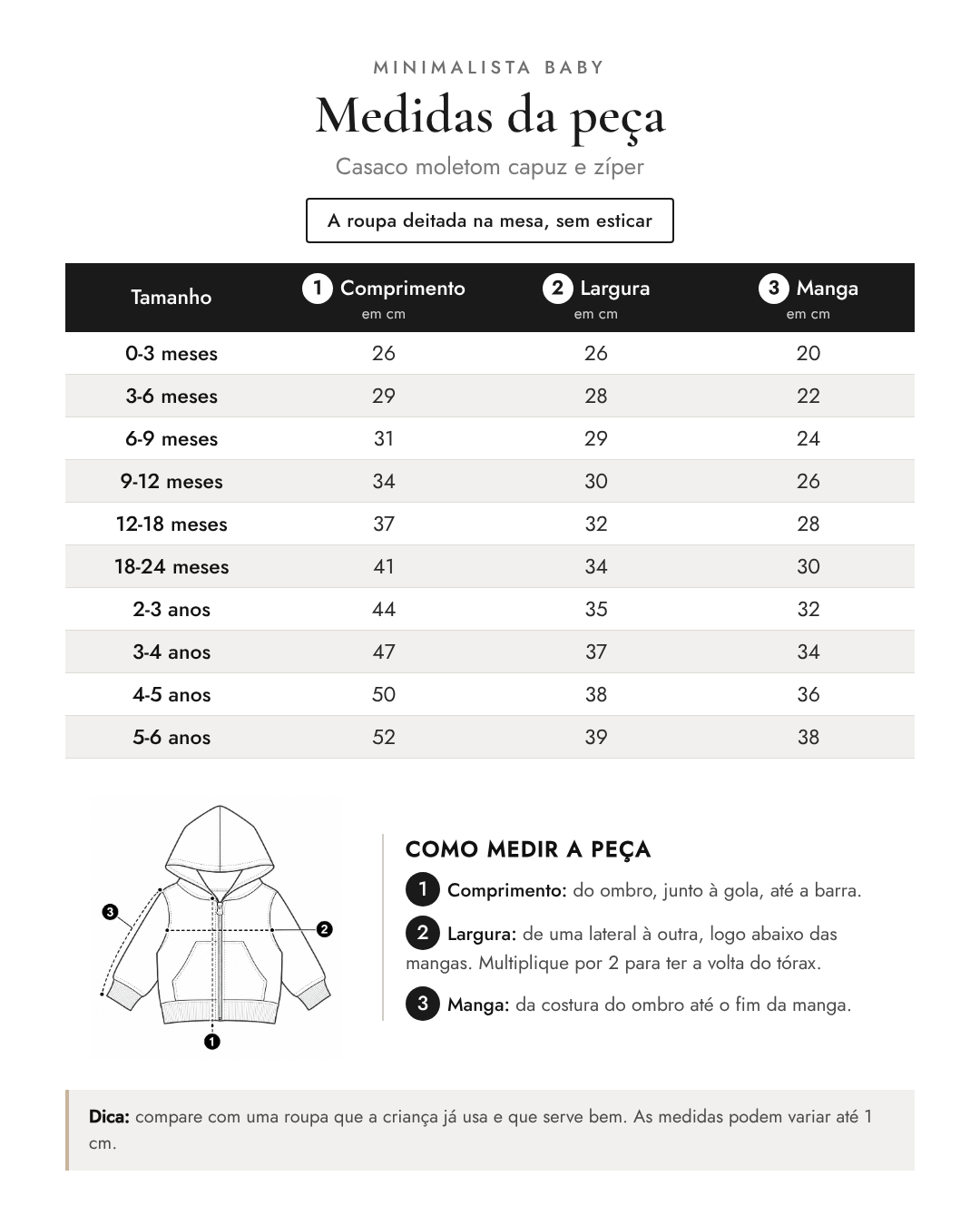 Tabela de medidas da peça | Casaco moletom capuz e zíper