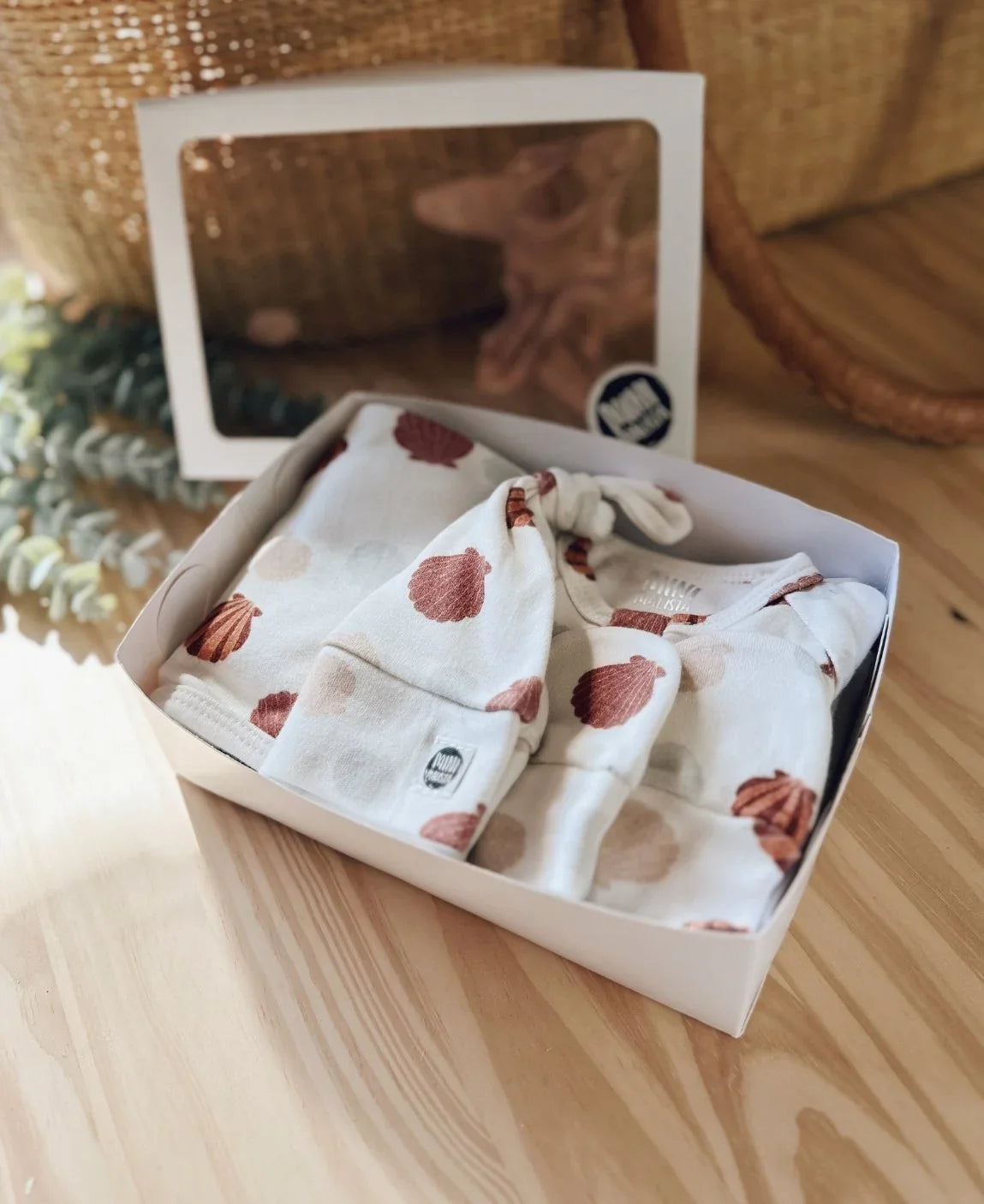 Kit Presente Saída de Maternidade Bebê 4 peças | Seashell - Com Caixa Presente