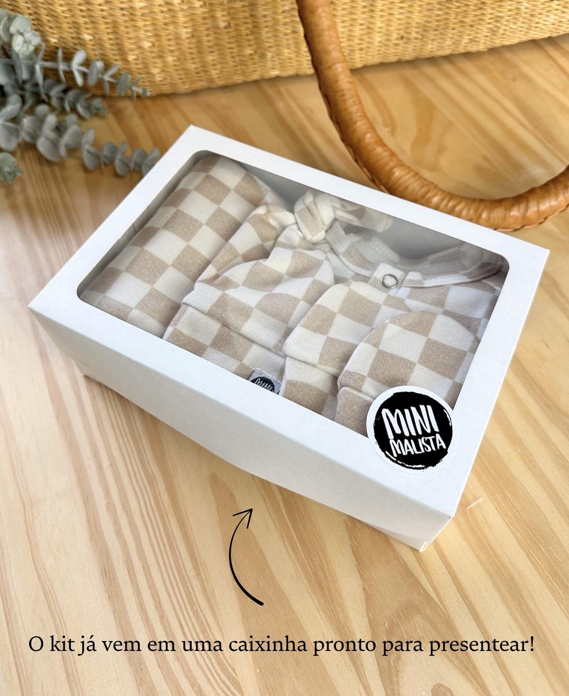 Kit Presente Saída de Maternidade Bebê 4 peças | Racer Beige  - Com Caixa Presente