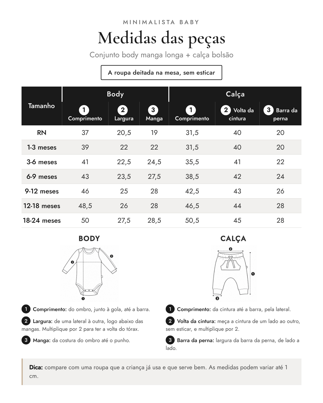 Medidas das peças - Conjunto body manga longa + calça bolsão