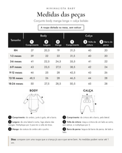 Medidas das peças - Conjunto body manga longa + calça bolsão