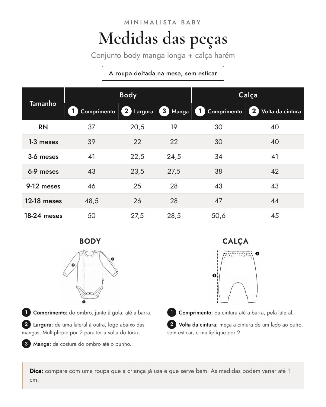 Medidas das peças - Conjunto body manga longa + calça harém