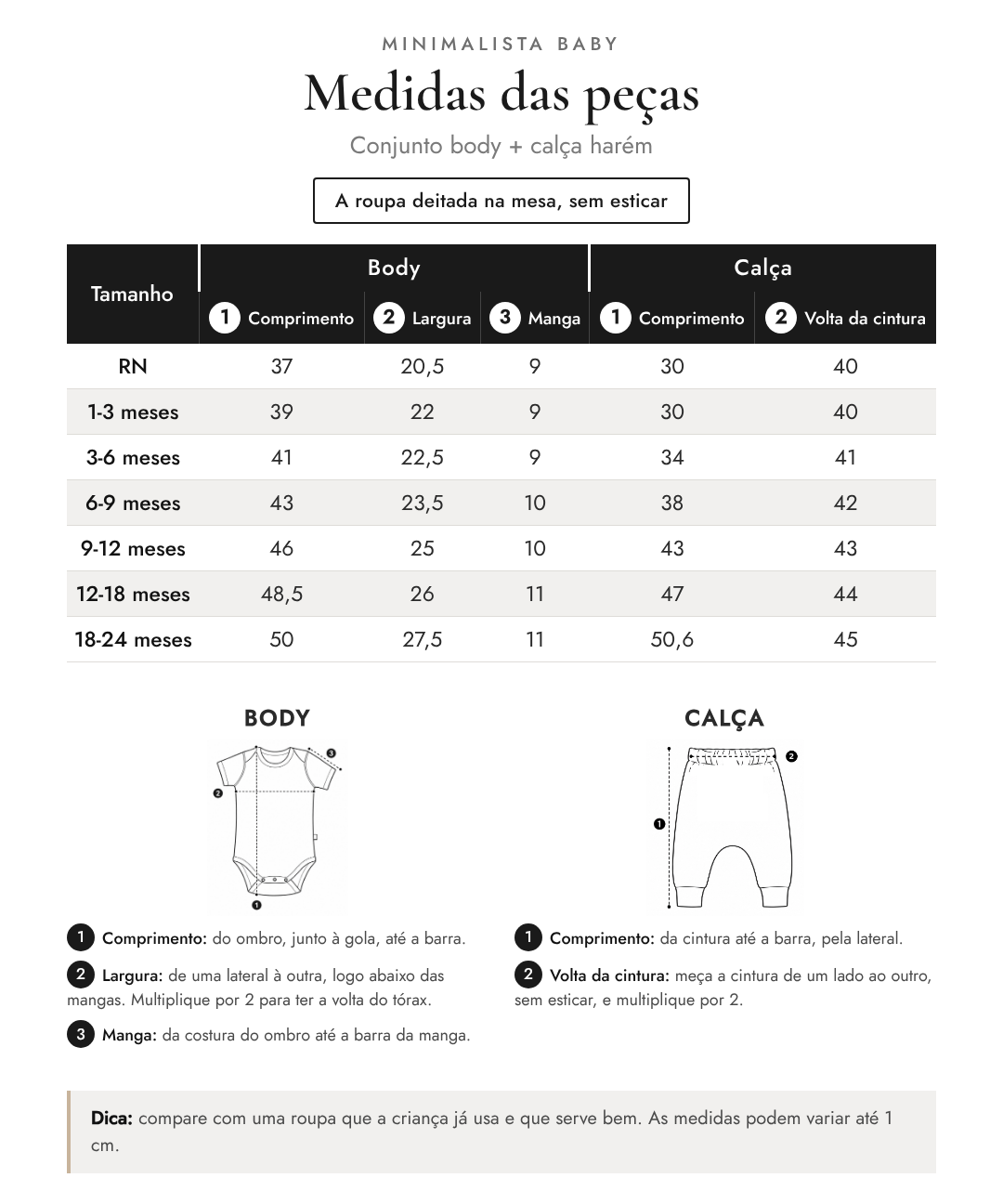 Medidas das peças - Conjunto body + calça harém