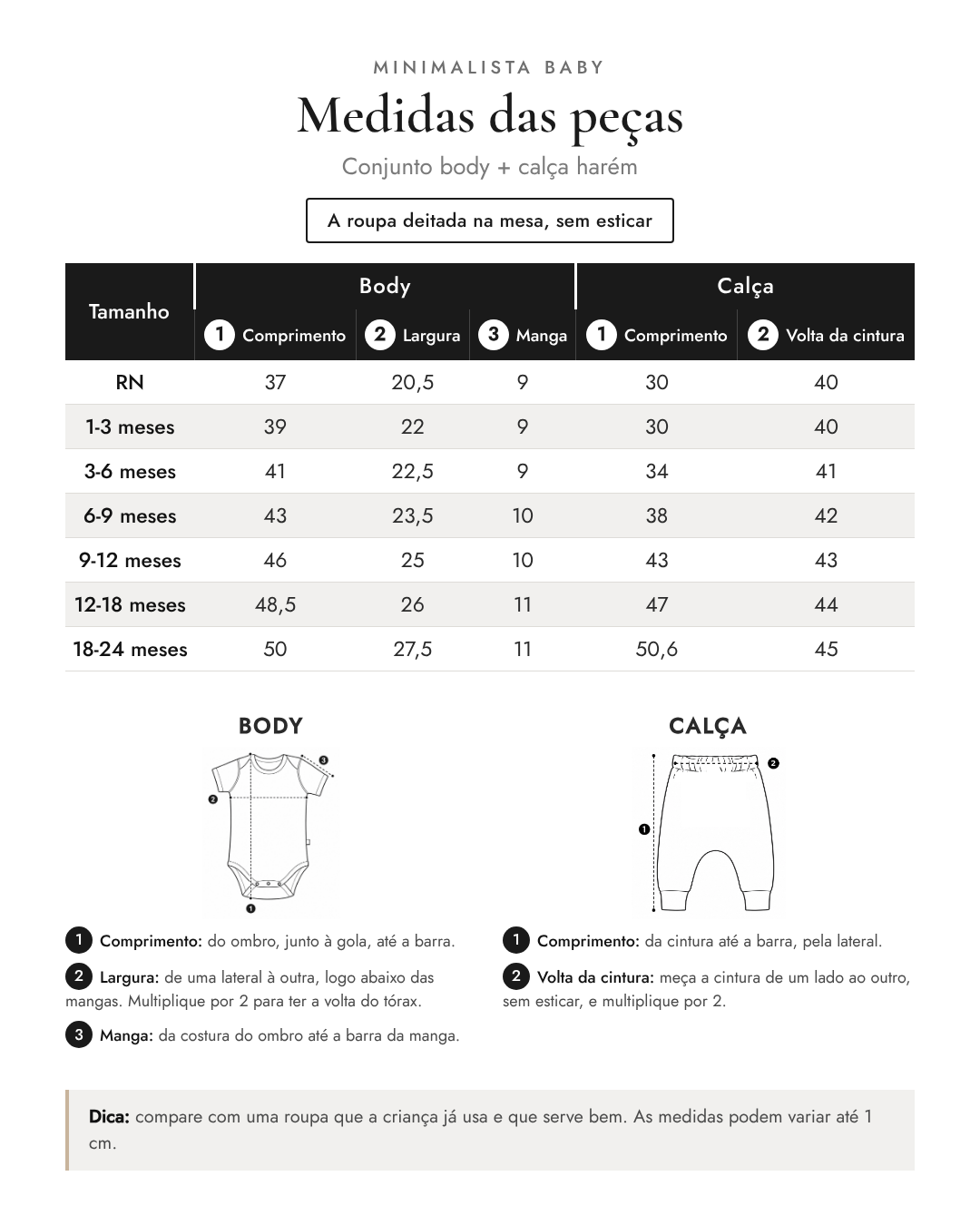 Medidas das peças - Conjunto body + calça harém