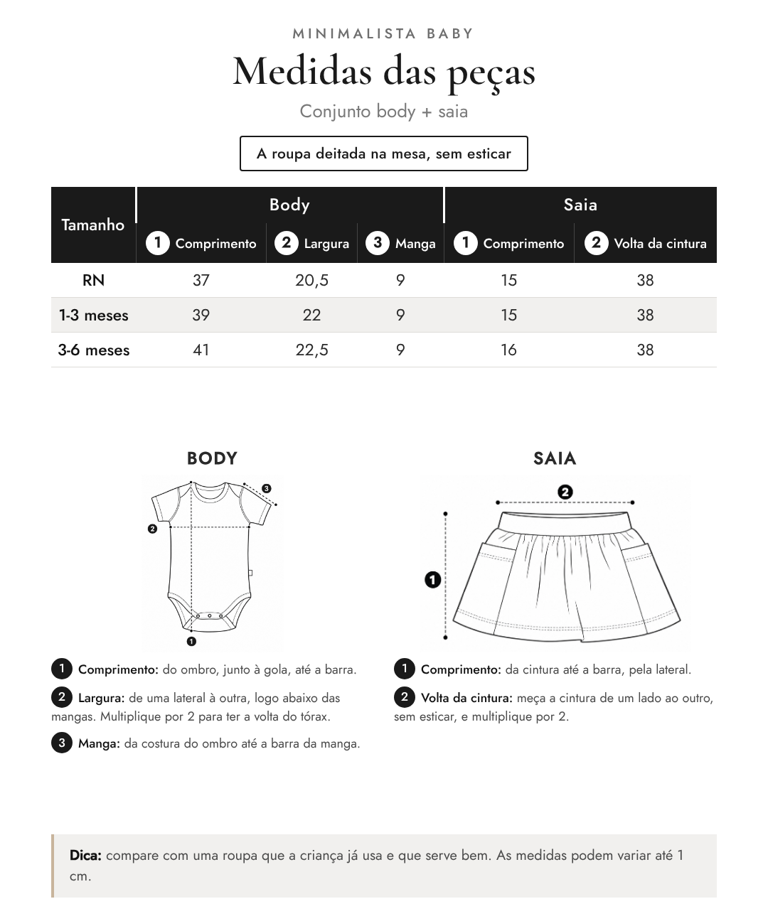 Medidas das peças - Conjunto body + saia