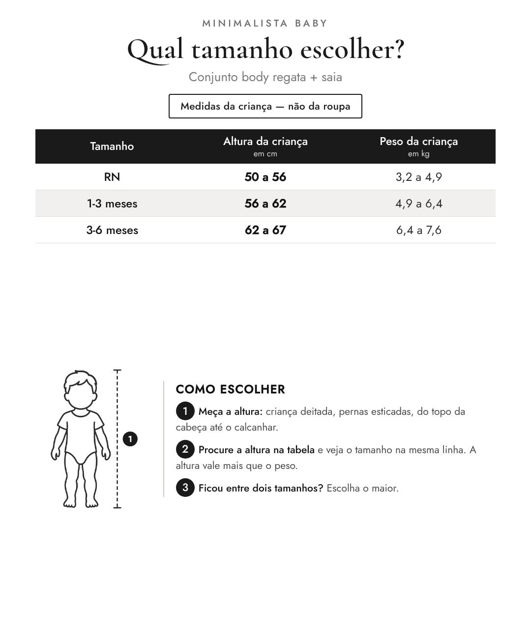 Qual tamanho escolher? Conjunto body regata + saia
