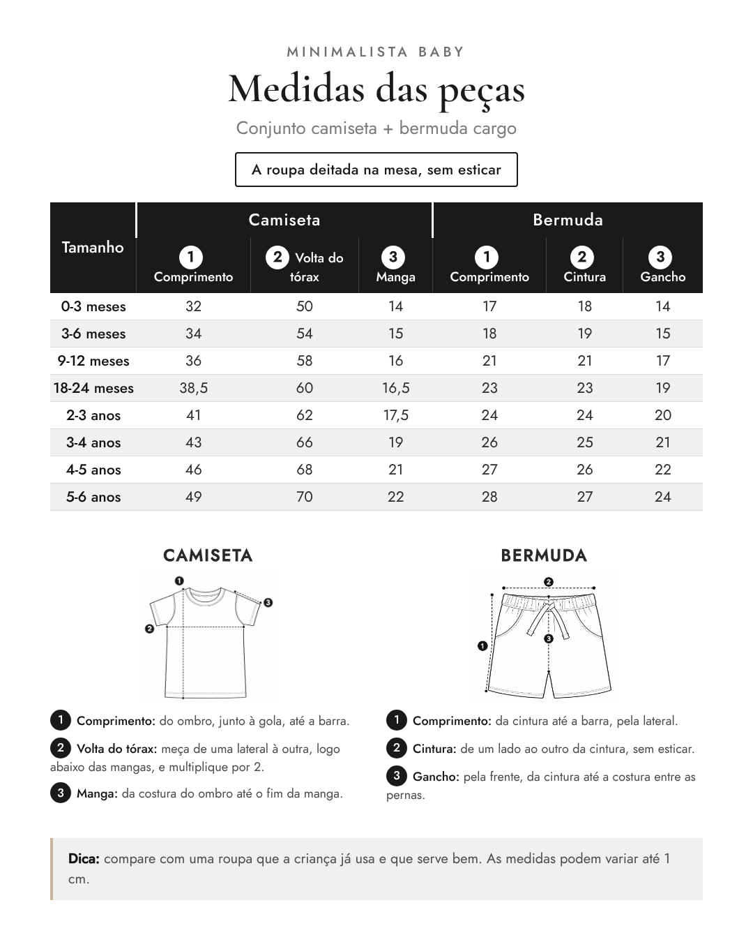 Medidas das peças - Conjunto camiseta + bermuda cargo