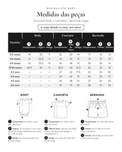 Medidas das peças - Conjunto body + camiseta + bermuda cargo