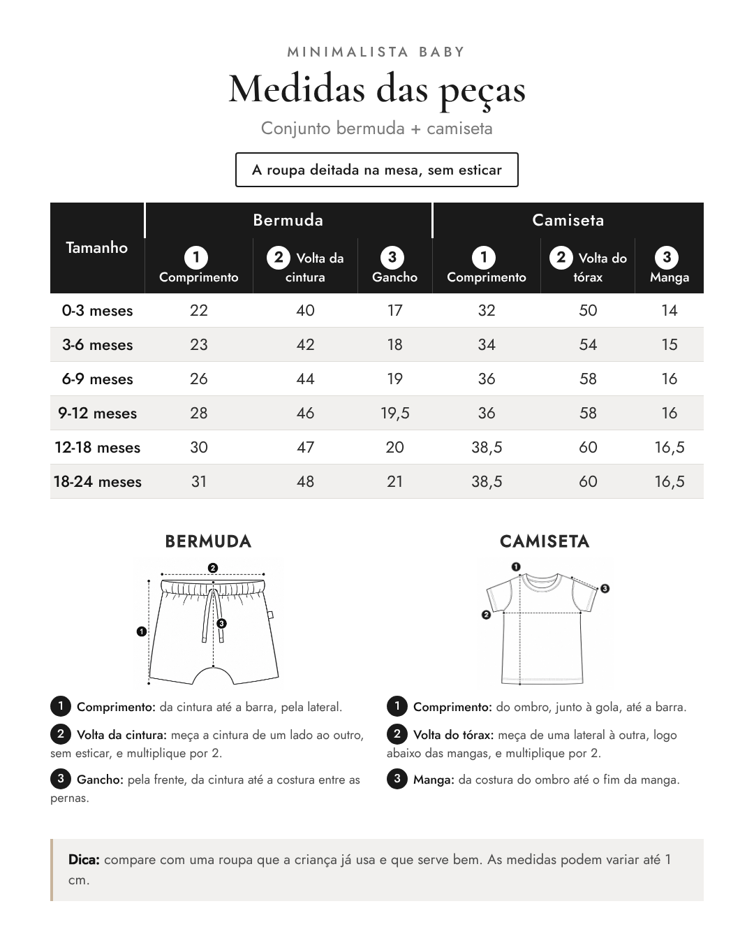 Medidas das peças - Conjunto bermuda + camiseta