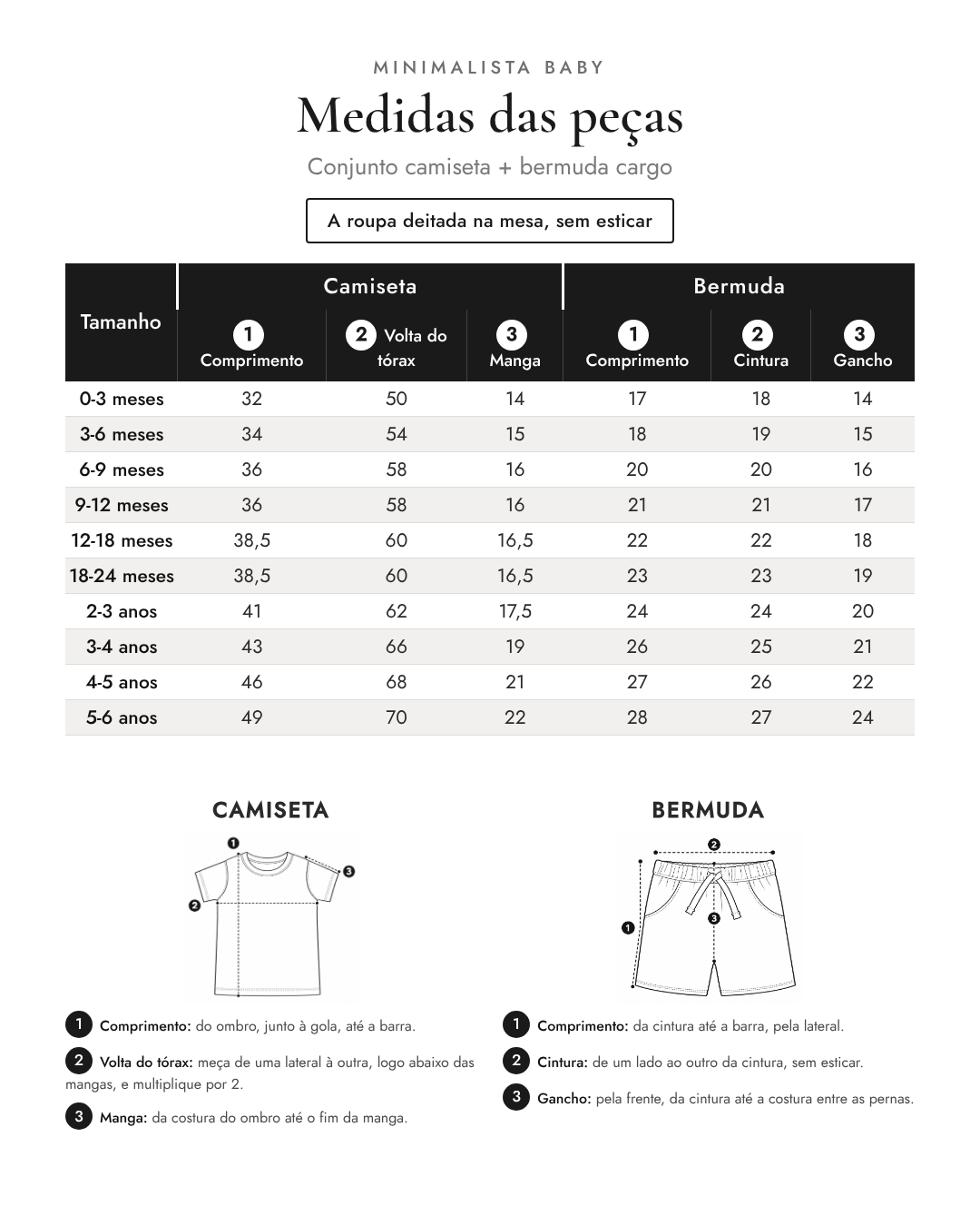 Medidas das peças - Conjunto camiseta + bermuda cargo