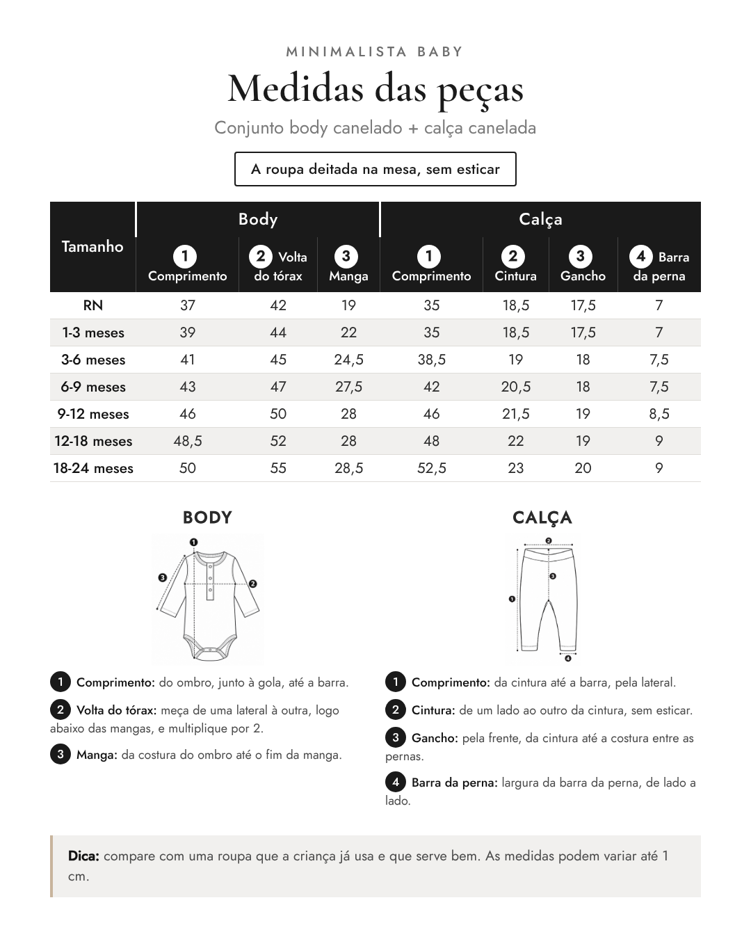Medidas das peças - Conjunto body canelado + calça canelada