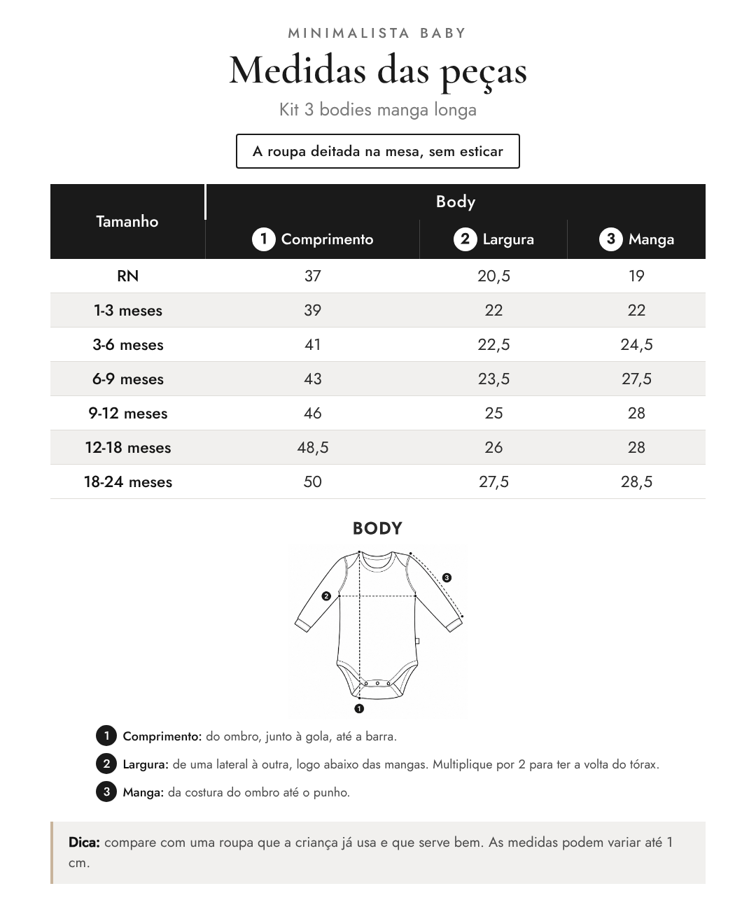 Medidas das peças - Kit 3 bodies manga longa