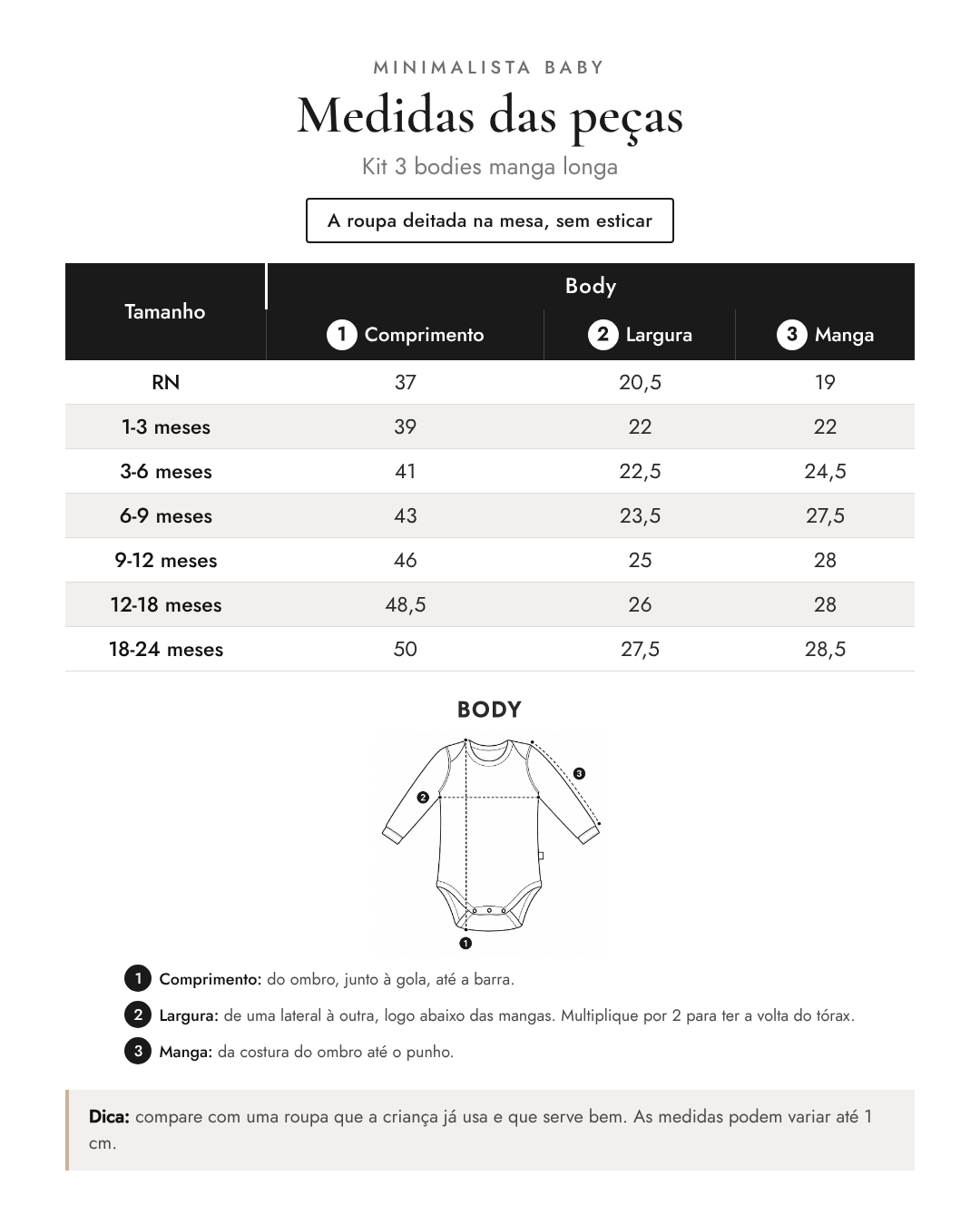 Medidas das peças - Kit 3 bodies manga longa