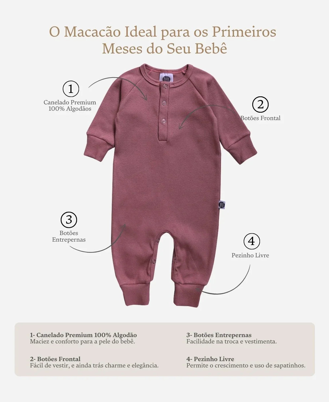 Macacão Bebê Canelado Botões Unissex | Liso Dark Rose