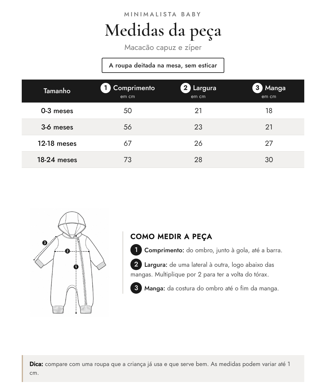 Tabela de medidas da peça | Macacão capuz e zíper