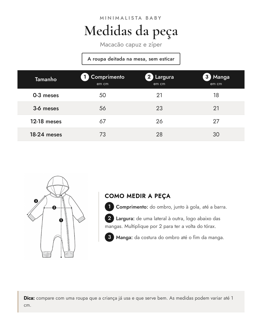 Tabela de medidas da peça | Macacão capuz e zíper