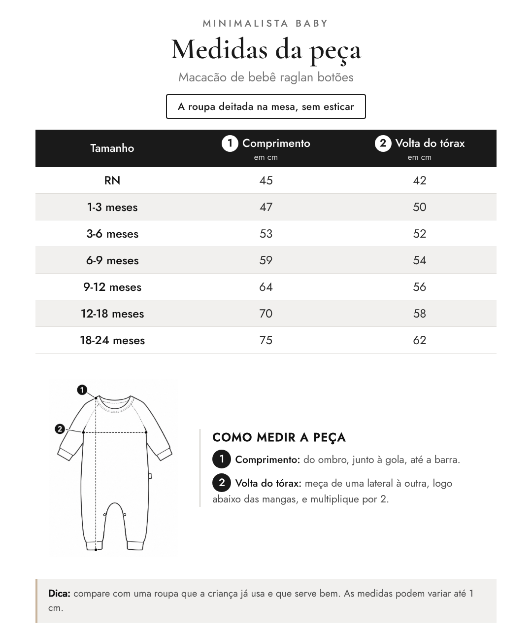 Tabela de medidas da peça | Macacão de bebê raglan botões