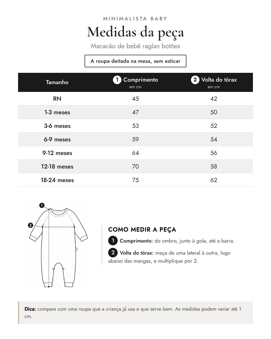Tabela de medidas da peça | Macacão de bebê raglan botões