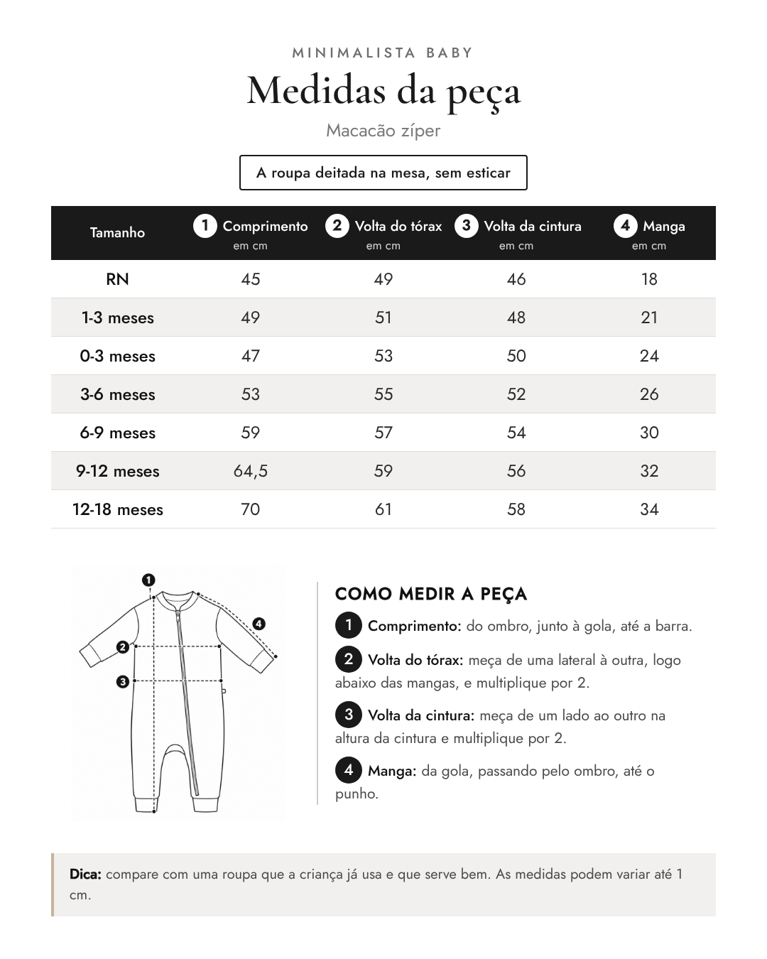 Tabela de medidas da peça | Macacão zíper