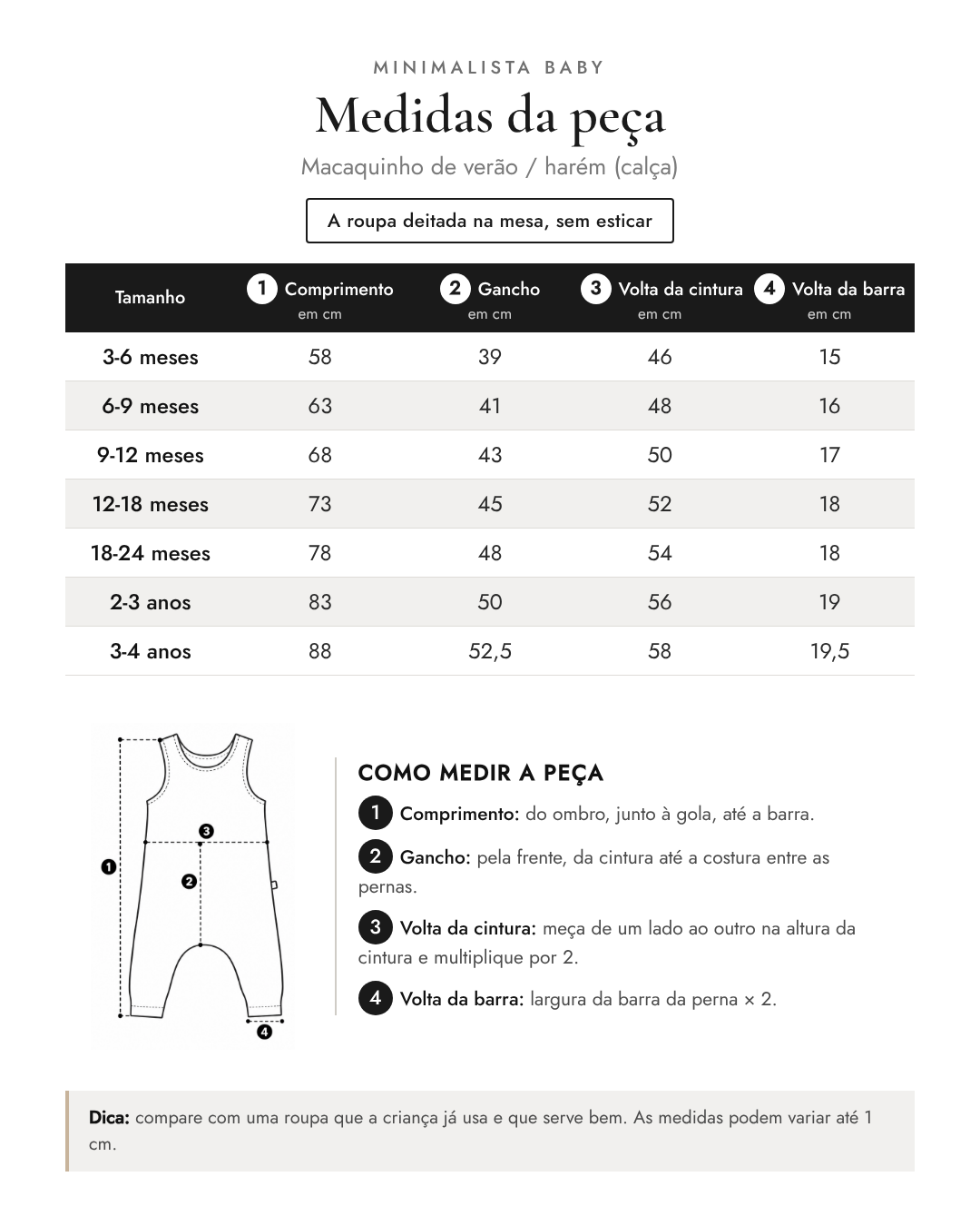 Tabela de medidas da peça | Macaquinho de verão / harém (calça)