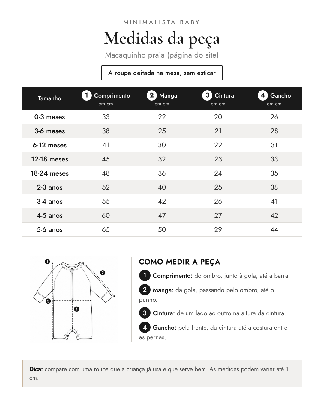 Tabela de medidas da peça | Macaquinho praia (página do site)