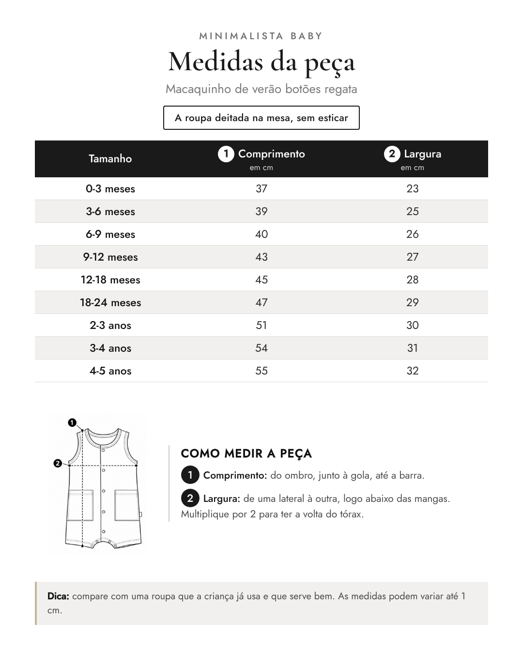 Tabela de medidas da peça | Macaquinho de verão botões regata