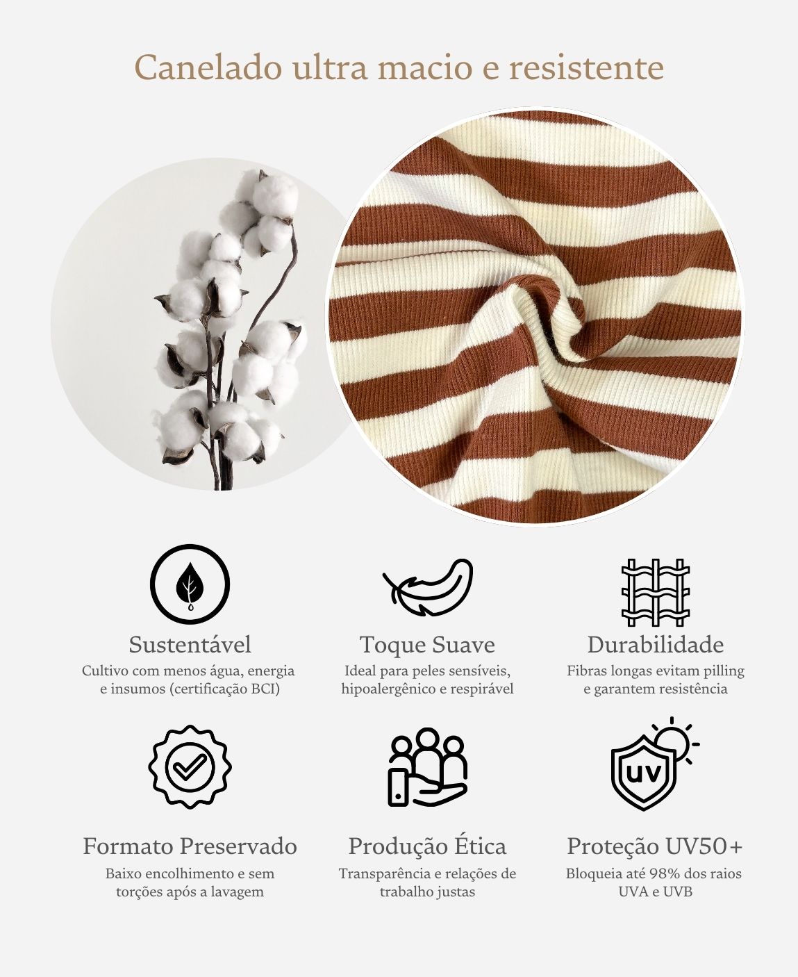 Detalhe da malha canelada do Conjunto Bebê Listras Caramelo e Branco Off MiniMalista — 100% algodão fio penteado ultramacio, textura ripada característica que ajusta ao corpo e retorna sem deformar.