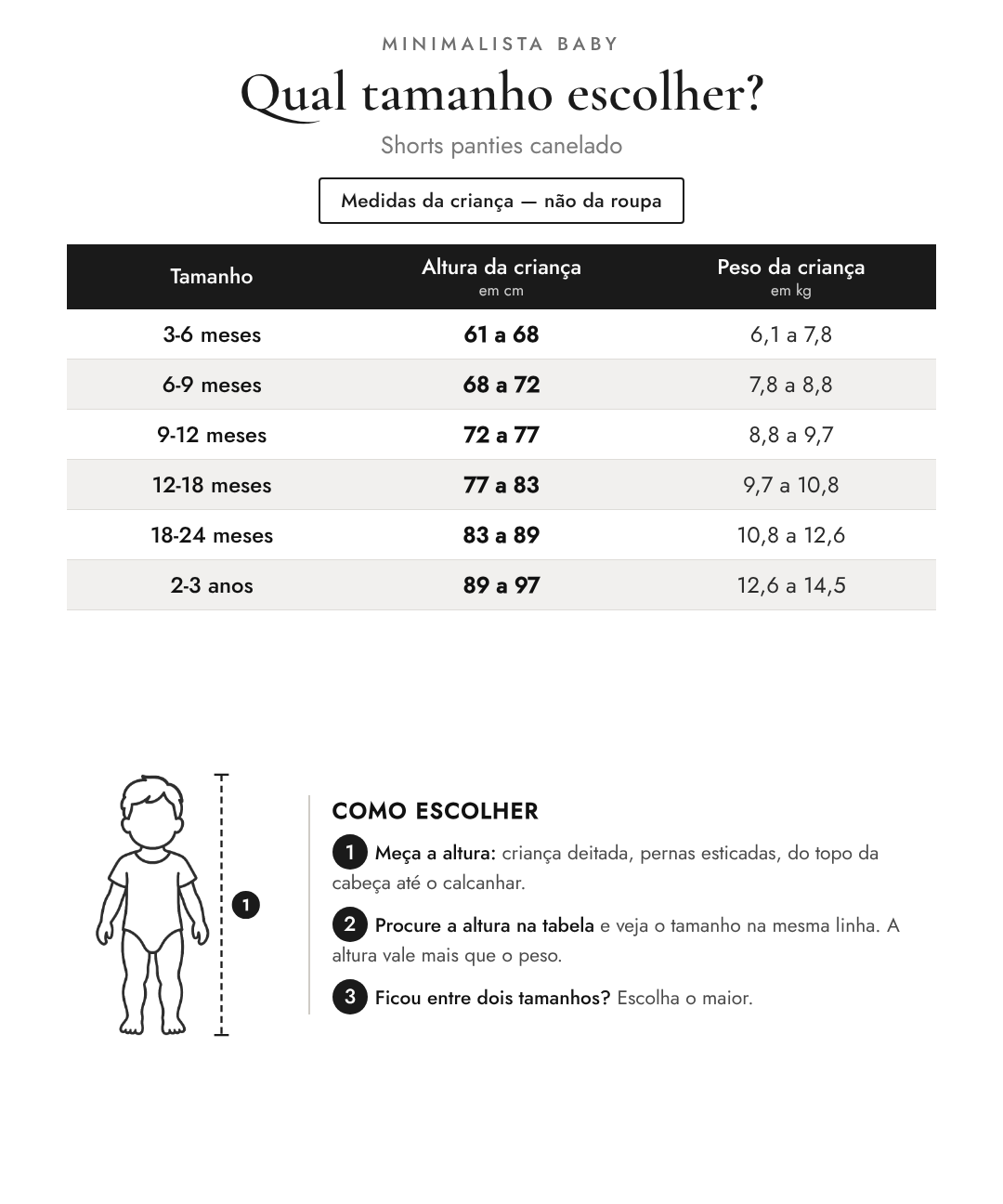 Tabela de tamanhos — medidas da criança | Shorts panties canelado