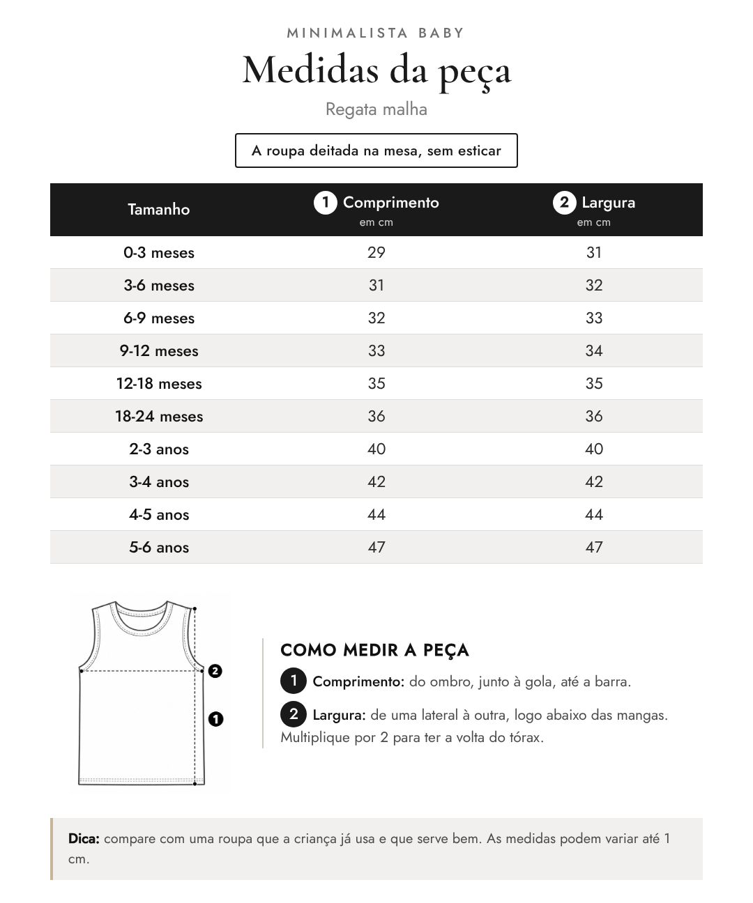 Tabela de medidas da peça | Regata malha