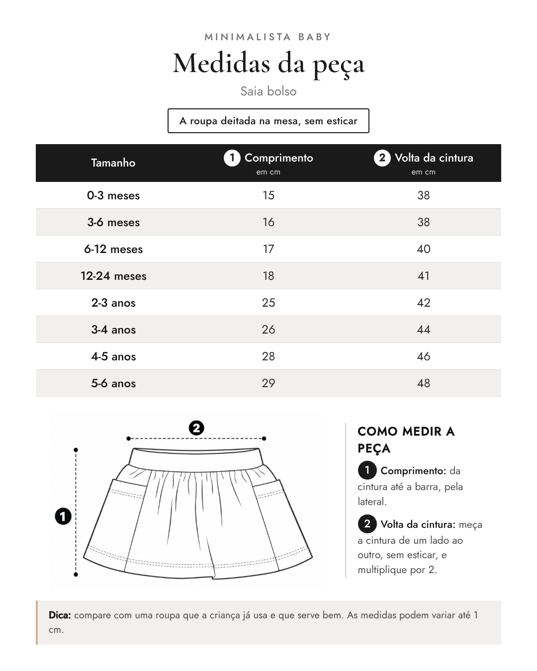 Tabela de medidas da peça | Saia bolso