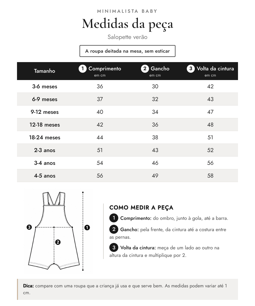 Tabela de medidas da peça | Salopette verão