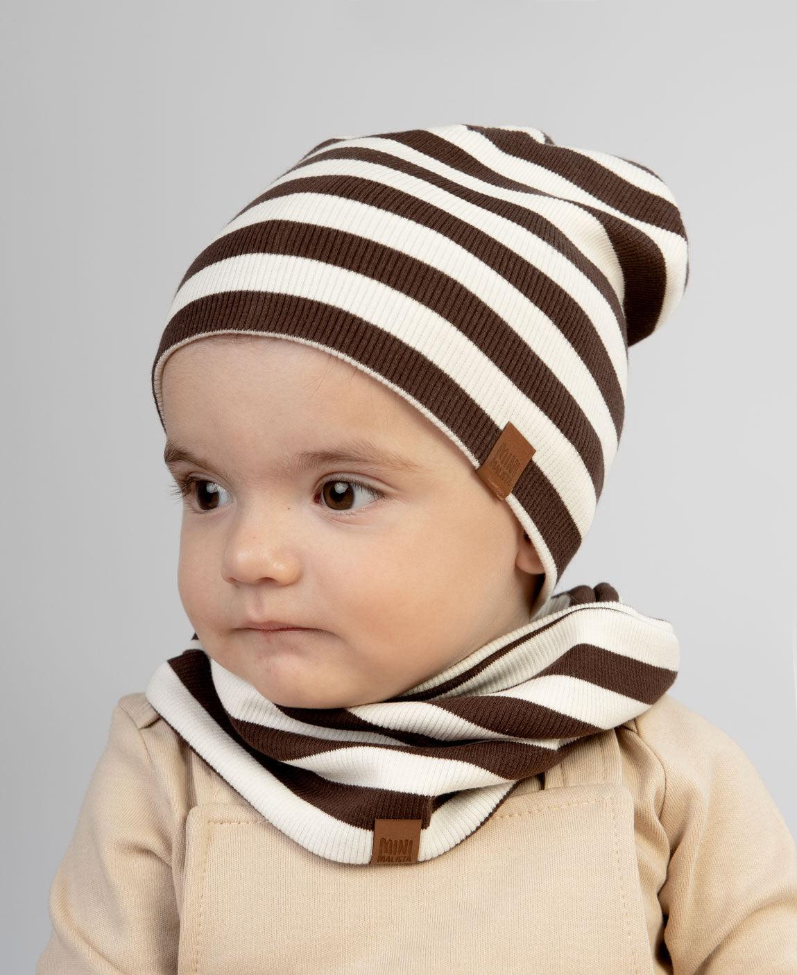 Scarf Golinha Infantil Canelado Unissex Listras Marrom e Branco Off - MiniMalista Baby - b2b, com-desconto-mm10, Frio, Menino, Neutro, Unissex, Winter Sale 30% -bebê-minimalista-estiloso