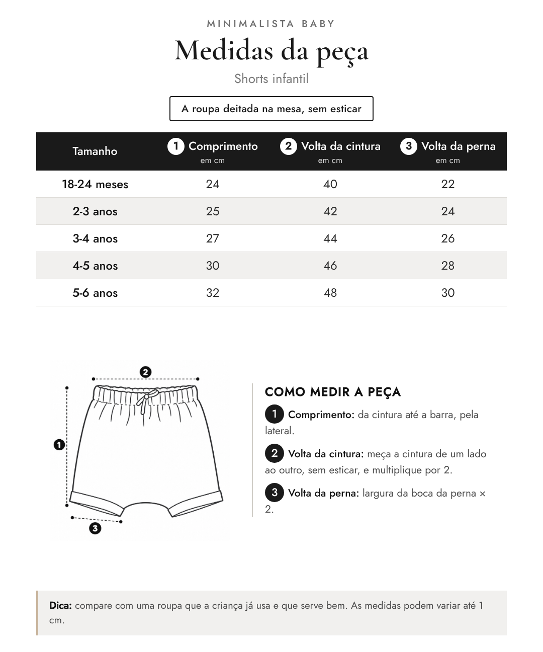 Tabela de medidas da peça | Shorts infantil