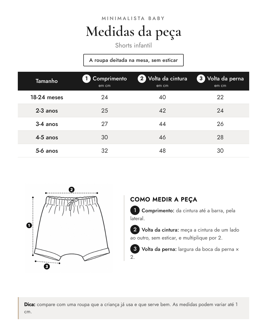 Tabela de medidas da peça | Shorts infantil