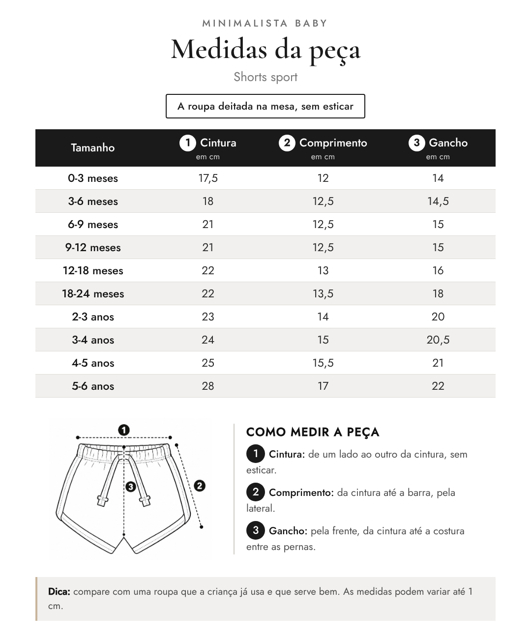 Tabela de medidas da peça | Shorts sport