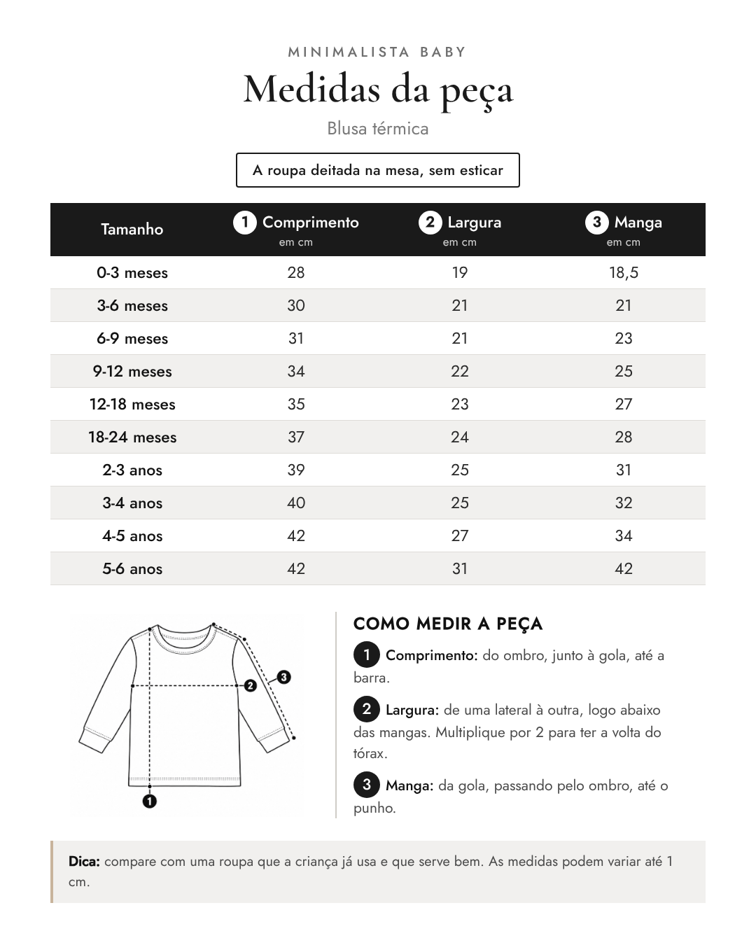 Tabela de medidas da peça | Blusa térmica