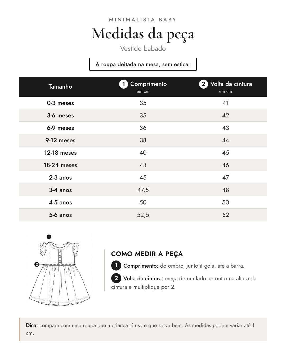 Tabela de medidas da peça | Vestido babado