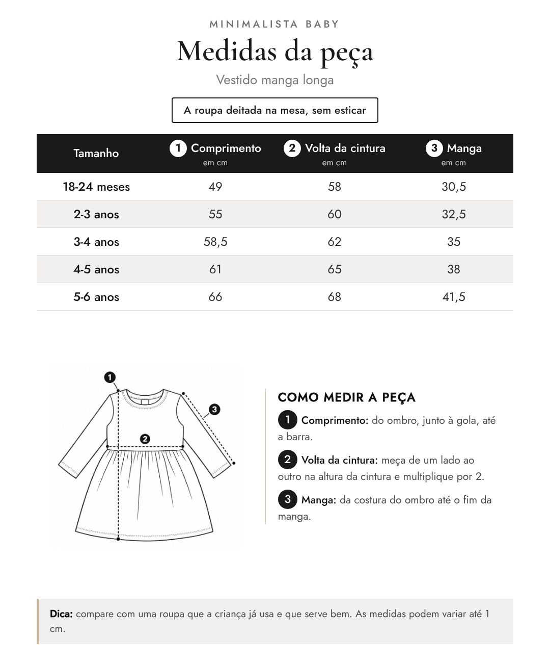 Tabela de medidas da peça | Vestido manga longa