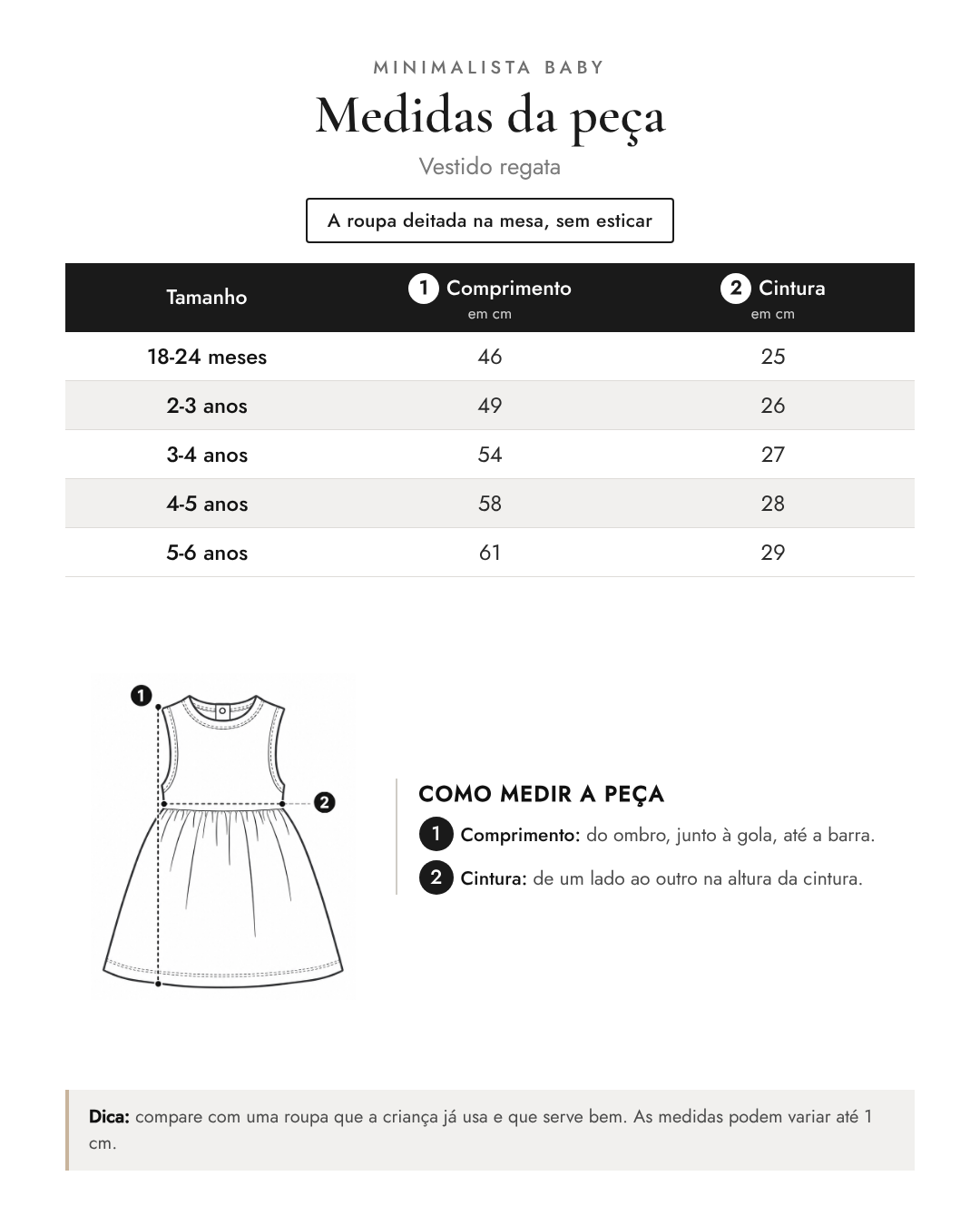 Tabela de medidas da peça | Vestido regata