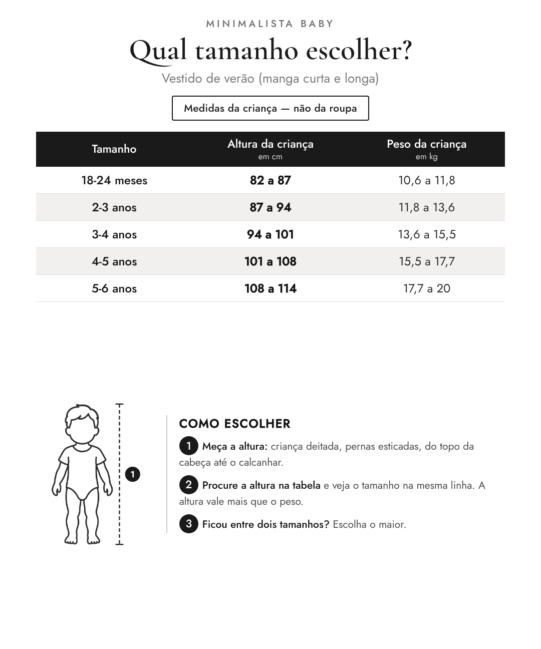 Tabela de tamanhos — medidas da criança | Vestido de verão (manga curta e longa)