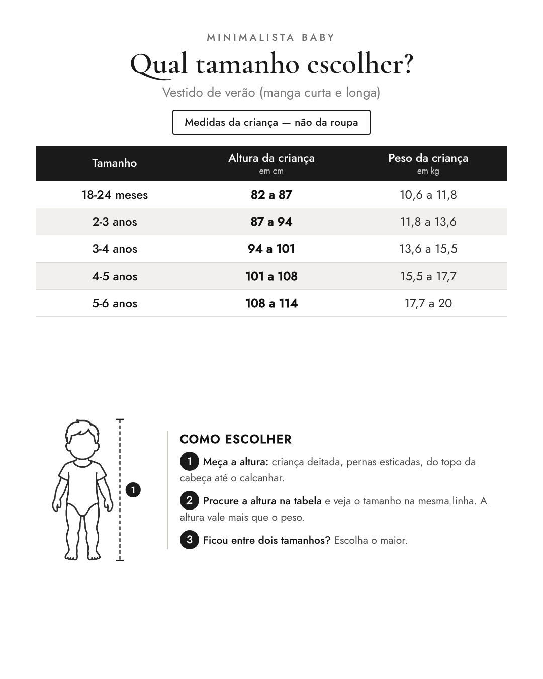 Tabela de tamanhos — medidas da criança | Vestido de verão (manga curta e longa)