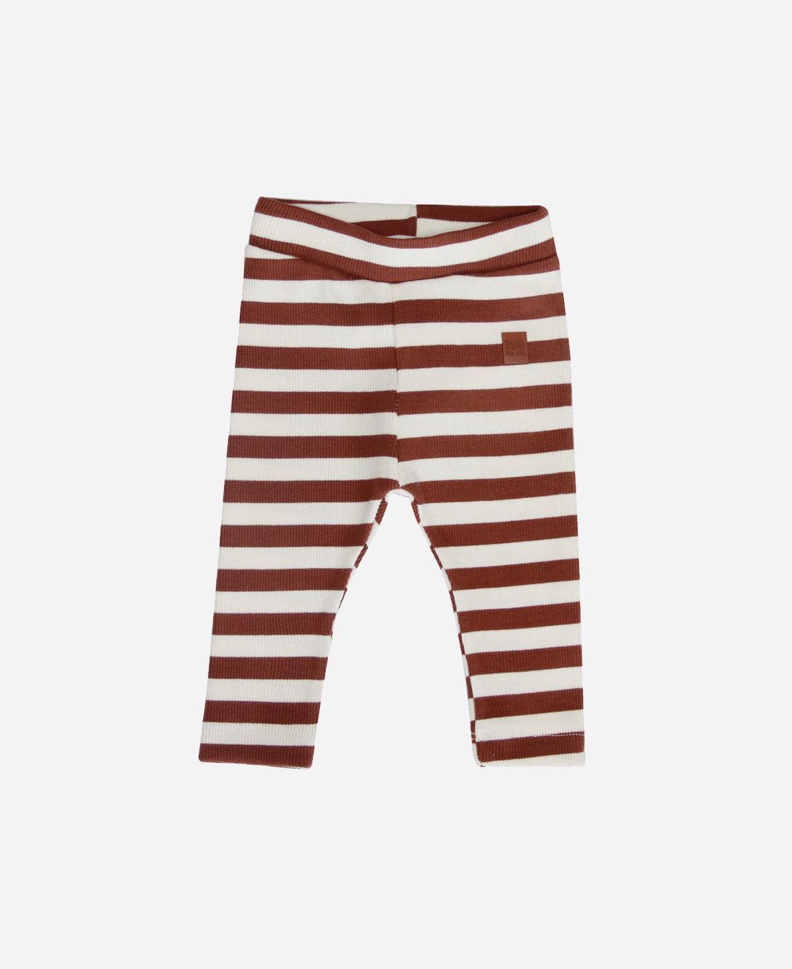 Calça Slim Canelada Bebê Unissex Listras Caramelo e Branco Off — malha 100% algodão canelado quentinho macio, cós elástico sem cadarço, produzida no Brasil pela MiniMalista Baby